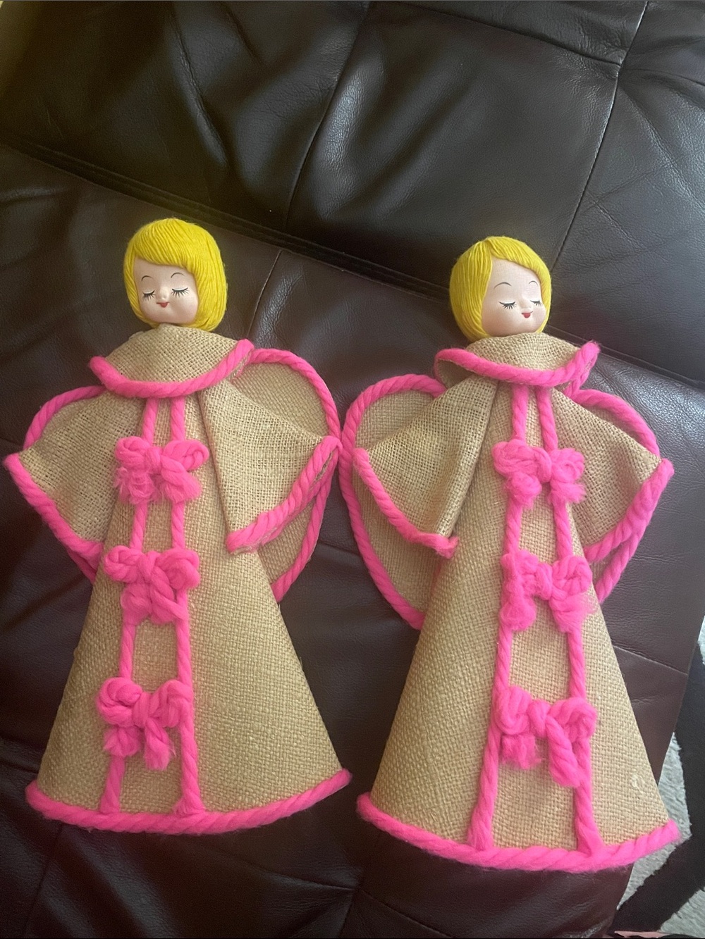 Handmade Signed Burlap Angel Decor with Pink Trim